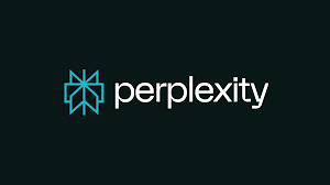 Perplexity logo which is white lower case letters of the word perplexity with a turquoise angled turbine-shaped icon to the left