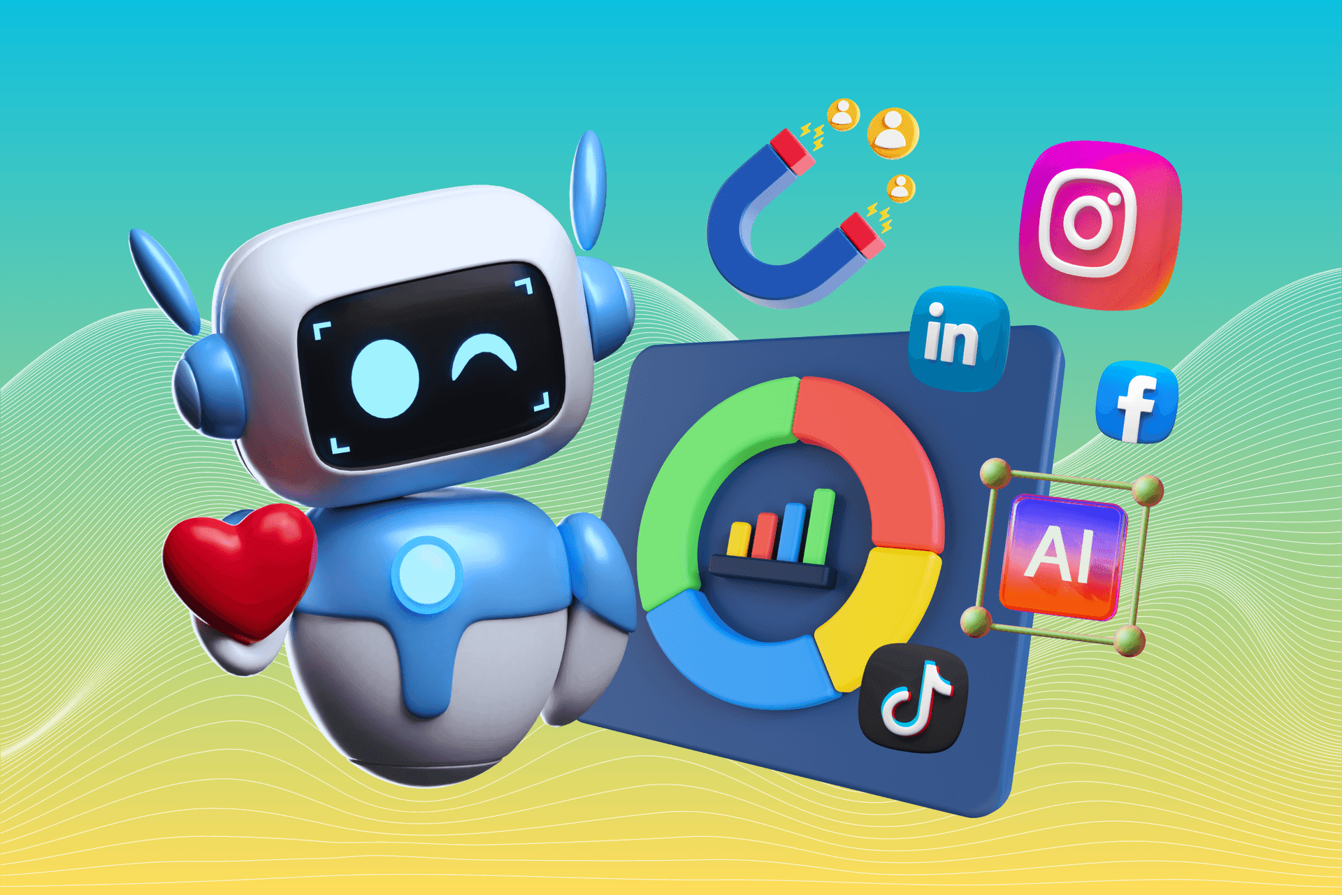 Cartoon robot with cartoon screen and social media icons floating in the air