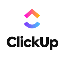 ClickUp logo which is Clickup written in black text and a blue gradient smile line above the wording with a pink to orange gradient 90 degree corner shape on top of that, all on a white background