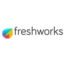 Freshworks logo which is the word written in black lower case letters and a multicoloured rain drop to the left