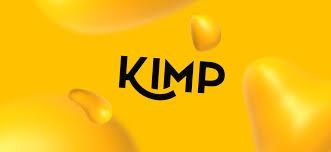 Kimp logo which is KIMP in upper case and black. The K curves under the other letters.  It is on a golden background with floating bubbles.