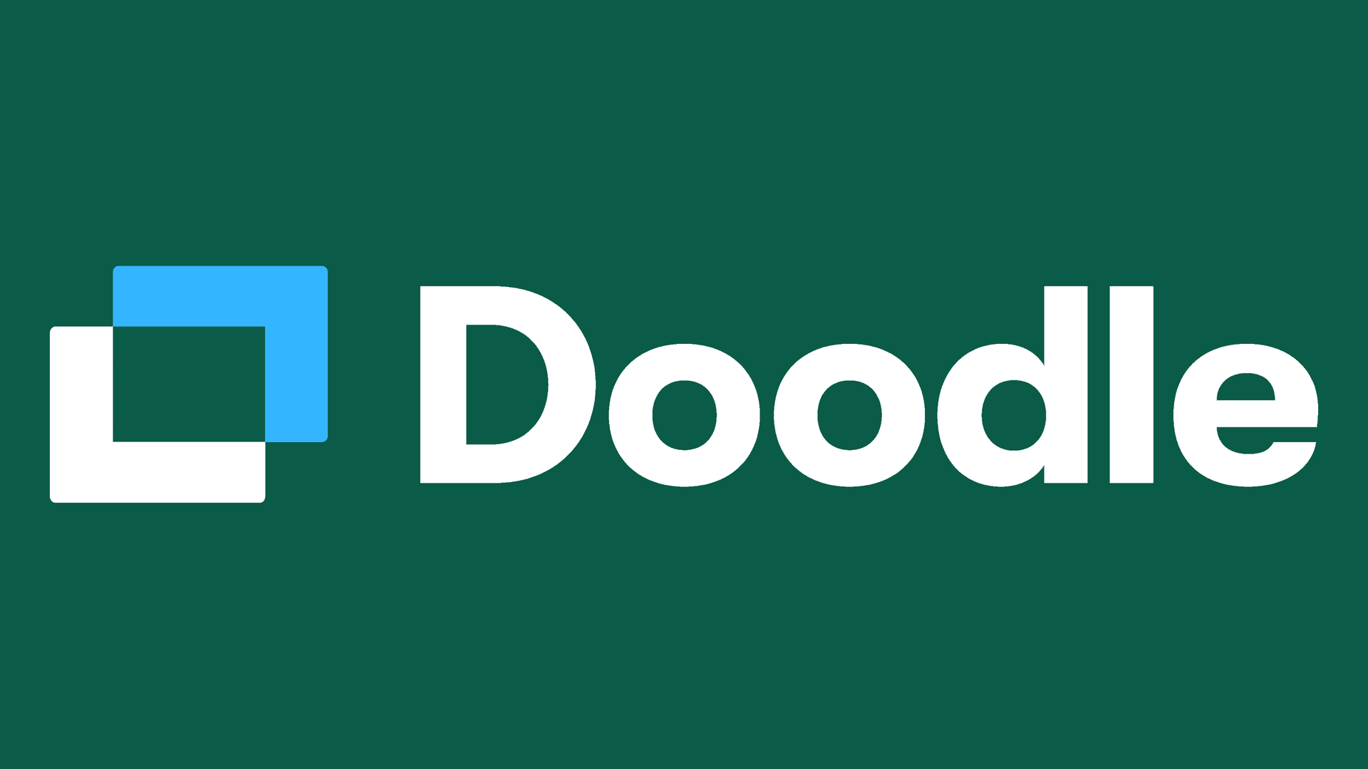 Doodle logo which is Doodle in white text on a dark green background and rectangular icon in turquoise and white outline to the left