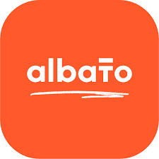 Albato logo which is the word in lower case white text (other than the T which is uppercase), and a white horizontal line above the T.  It also has a squiggly line in white underneath the word.  All of this is on an orange background.