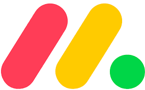 Monday logo which is a red angles oblong that has a yellow angled oblong to the right and a small gree circle to the right of the yeloow oblong, all on a white background