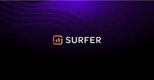 Surfer logo which is capital letters for the word SURFER and a rectangular logo to the left with a bar chart inside it in red and orange gradient colours
