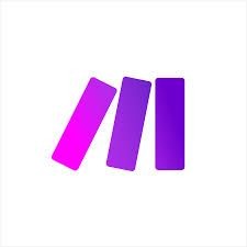 Make logo which is three oblong shapes at a range of angles (like dominoes being knocked down) in a purple gradient colour, on a white background