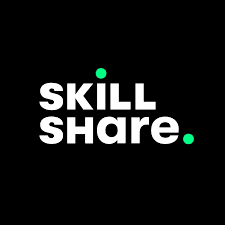 Skillshare logo which is the words sKill written on top of the word sHare, all in lower case except the K and H.  There is also a small green circle for the dot above the i and a green circle at the end of sHare