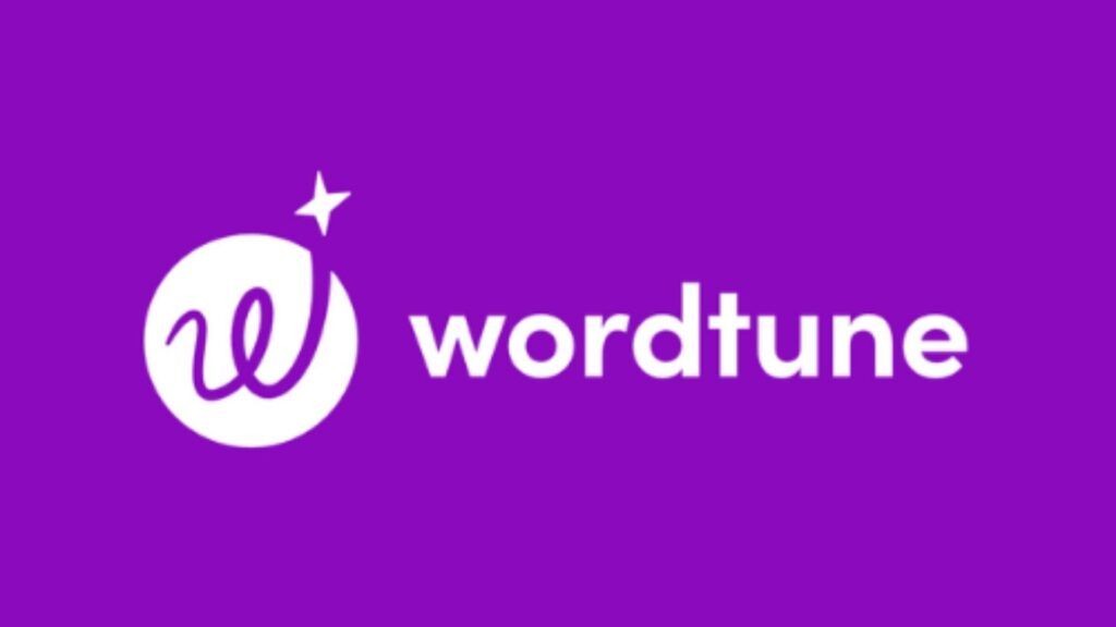 Wordtune logo which is wordtune written in white lower case letters and a to the left of it is a white circle with a wavy letter w and a white star above
