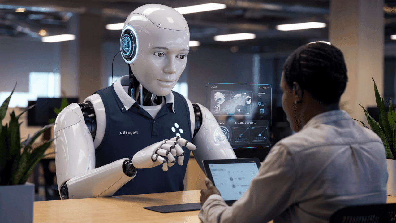 Robot sat opposite person looking at a transparent screen in the air