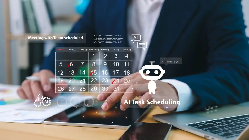 AI Tools Directory AI task scheduling timeline, AI-enhanced tools empower teams manage workloads, Businessman organizing schedule using Ai, Multitasking to finish daily agenda with AI smart things concept.