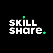 Learning skillshare logo which is white upper case text of the words with a green dot above the i and after share. It is inside a black square.