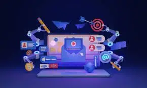 AI Tools Directory Animated laptop with icons flying out the screen