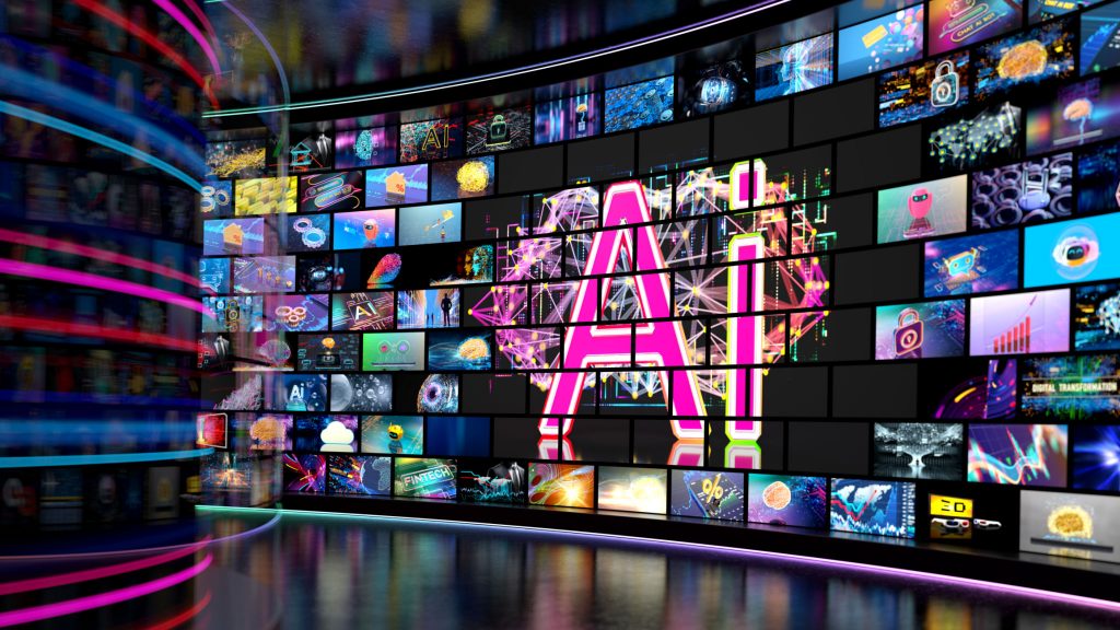 Generative AI, SEO & LLMO Tools video wall with small screens digital concept